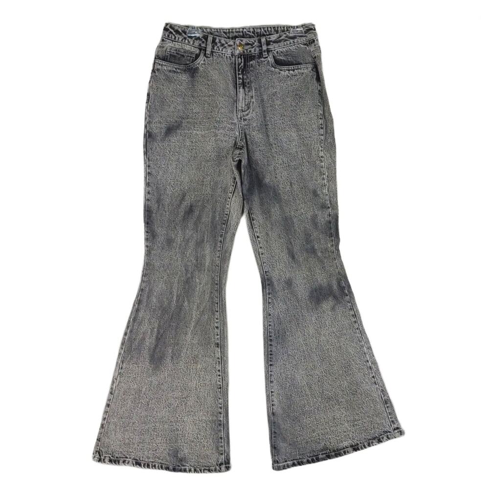 Venus Women's 10 Black Acid‎ Wash Denim Wide Flare Leg Jeans, 30x33 Bell Bottoms